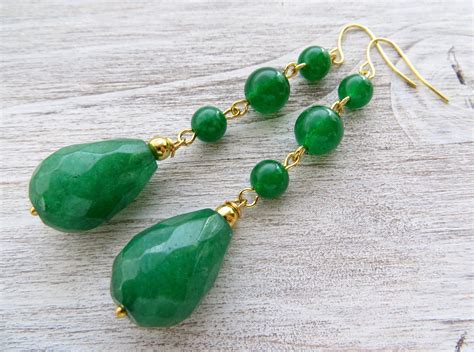 Green emerald jade earrings, long drop earrings, natural stone earrings ...