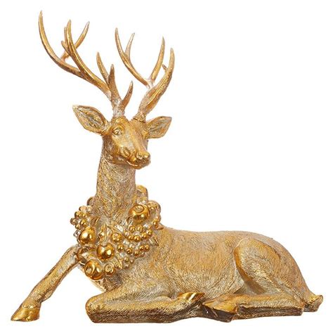 Raz Large Laying or Standing Gold Reindeer with Wreath Collar | Gold ...