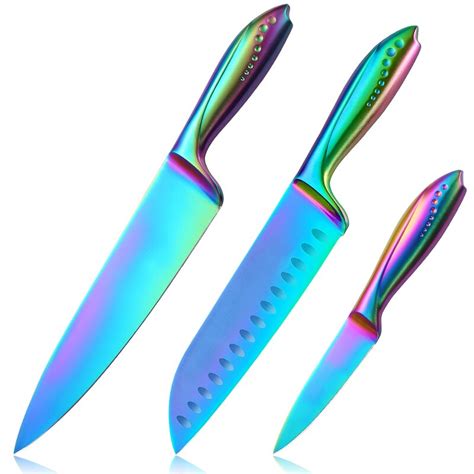 WELLSTAR Rainbow Kitchen Knives Set Of 3, German Steel Blade, With Chef Santoku And Paring ...