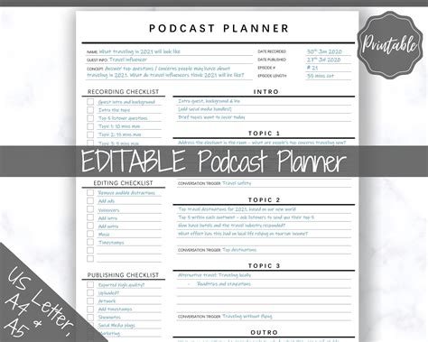 Podcast Planner EDITABLE Podcast Template Content Calendar | Etsy