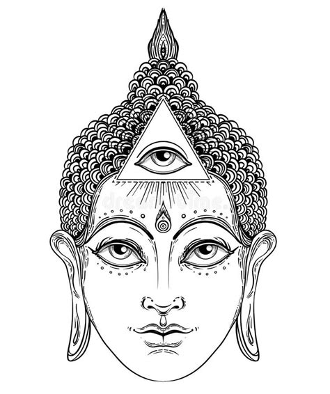 Buddha Face With All Seeing Eye Isolated On White. Esoteric Vintage ...