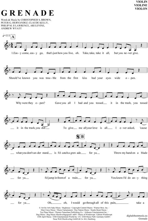 Grenade Violine - PDF Noten von Bruno Mars in F Dur - 7130253