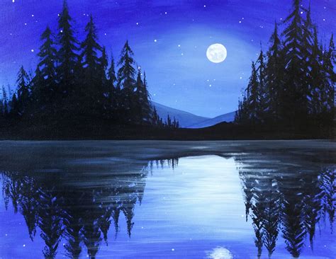 Moonlit Mountain Reflections | Silhouette painting, Night painting ...