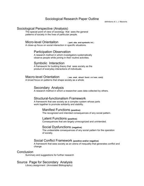 Sociological Research Paper Outline Sociological Perspective