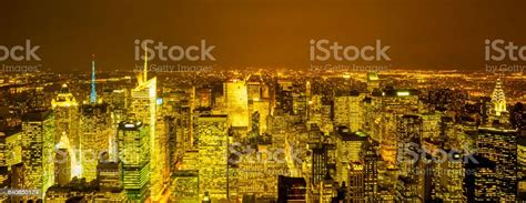 Aerial View Of Manhattan Skyscrapers At Night New York City Stock Photo ...