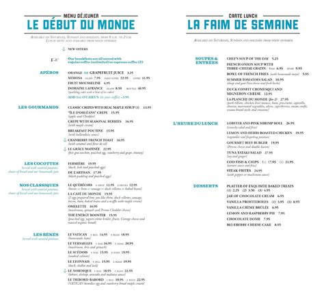 Menu au Le Café du Monde, Québec