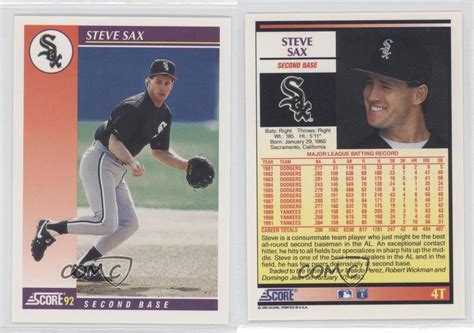 1992 Score Rookie & Traded #4T Steve Sax Chicago White Sox Baseball ...