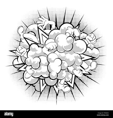 A black and white half-tone shaded comic book or cartoon dust cloud fight Stock Photo - Alamy