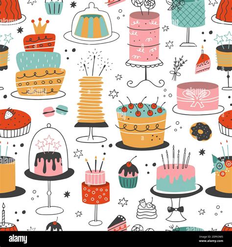 Seamless pattern with doodle colorful cakes on a white background ...