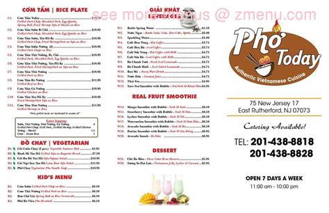 Menu at Pho Today restaurant, East Rutherford