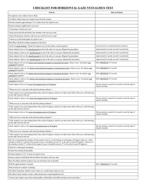 checklist for horizontal gaze nystagmus test