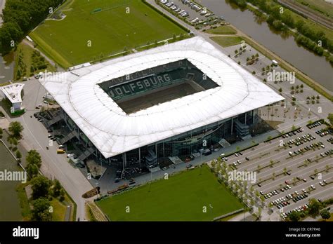 Aerial view, Volkswagen Arena football stadium, Wolfsburg, Lower Saxony ...