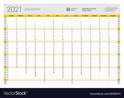 Calendar yearly planner template for 2021 Vector Image