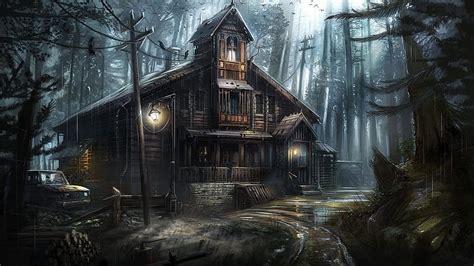 HD wallpaper: fantasy art, haunted house, ghost house, tree, forest ...