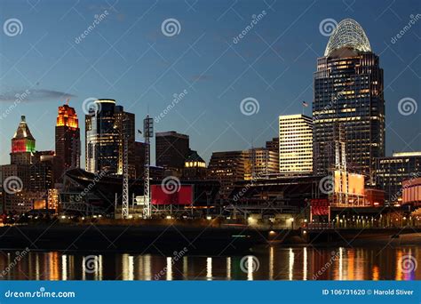 Cincinnati Skyline at Night with Reflections Stock Photo - Image of ...