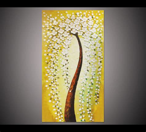 White Cherry Blossom Painting Flower Tree Oil Painting Yellow Texture Art Palette Knife Painting ...