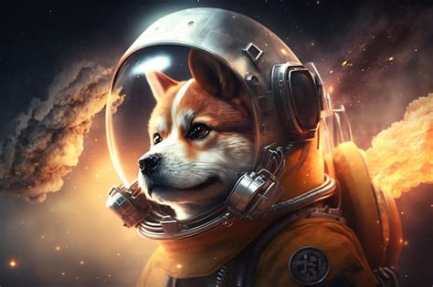 Premium AI Image | A dog in a space suit with a helmet and a fireball on it.