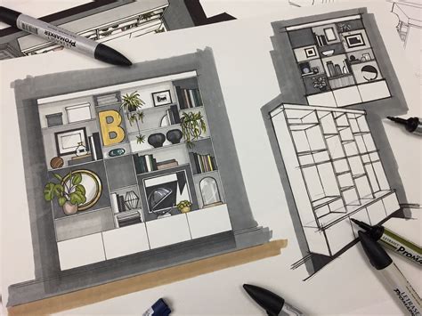 Plan drawing for Ikea Billy bookcase hack. Rendered using promarker and fine liner pen. | Ikea ...