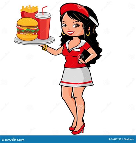 Fast Food Waitress Serving Hamburger, Fries and Drink. Vector Illustration Stock Vector ...