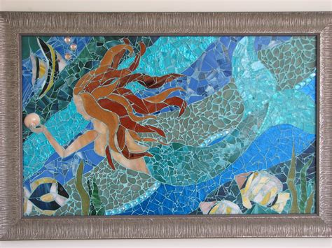 This is my first Mosaic. Made with stained glass, tumbled sea glass, and a sea shell, Lorelei ...