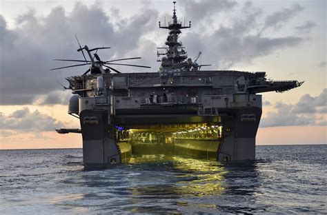 A view into the well deck of the USS Iwo Jima (LHD-7) as it provides hurricane relief assistance ...