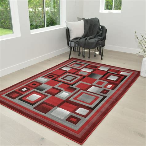 HR Rugs Red Gray and Black Abstract Geometric Modern Squares Pattern ...