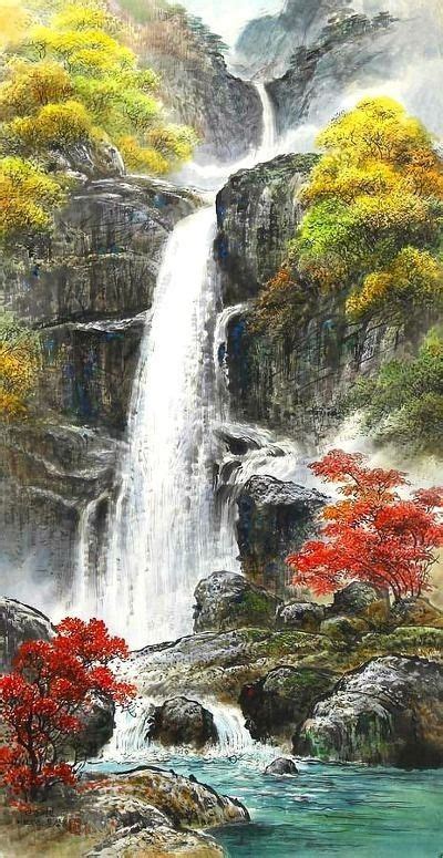 (North Korea) Waterfalls in autumn by Mun Jeong-ung (1944- ). Korean brush watercol… | Chinese ...