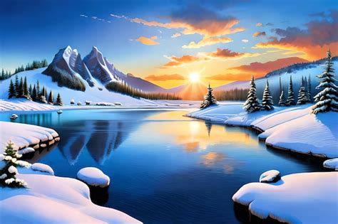 Premium Photo | A painting of a snowy mountain landscape with a sunset ...