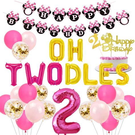 Cartoon Mouse Theme 2nd Birthday Decorations for Girls, Oh Twodles Number 2 Foil Balloon, Happy ...