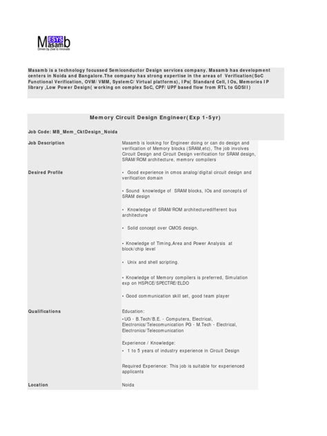 Design Engineer - Memory Circuit Design | PDF | System On A Chip | Random Access Memory