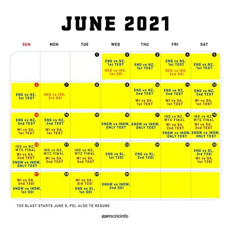 International Cricket Schedule for the month of June 2021 : r/Cricket