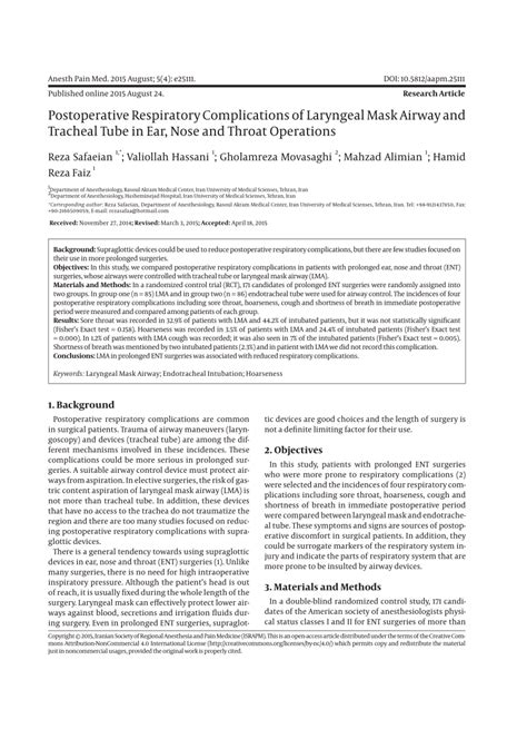 (PDF) Postoperative Respiratory Complications of Laryngeal Mask Airway and Tracheal Tube in Ear ...