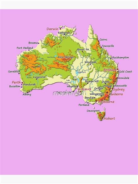 "Australia physical map topographic map of Australia coast, Capitals and Major cities " Poster ...