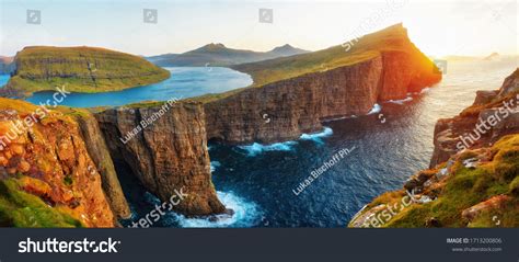 Sorvagsvatn Lake Waterfall Into Ocean Western Stock Photo 1713200806 ...