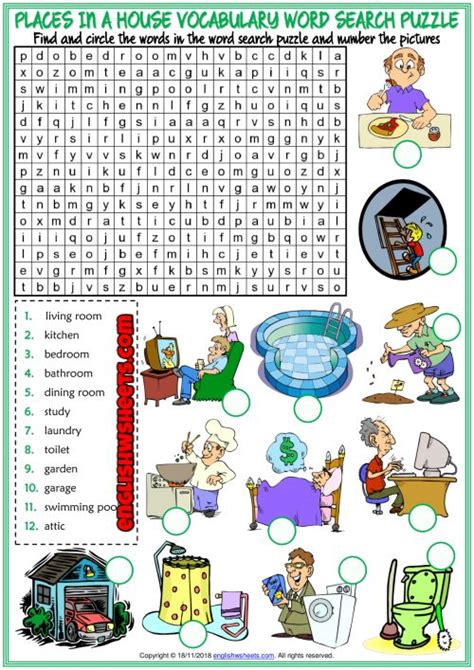 Places in a House ESL Word Search Puzzle Worksheet | Learning cards, Vocabulary worksheets ...