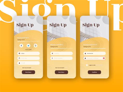 SIgn Up 3 Steps Screens by Valentine on Dribbble