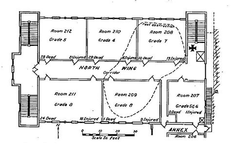 A floor plan of the Our Lady of Angels school. The X shows where the fire started and the broken ...