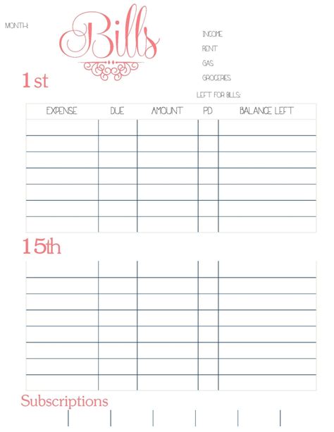 Simple Printable Monthly Bill Organizer Spreadsheet