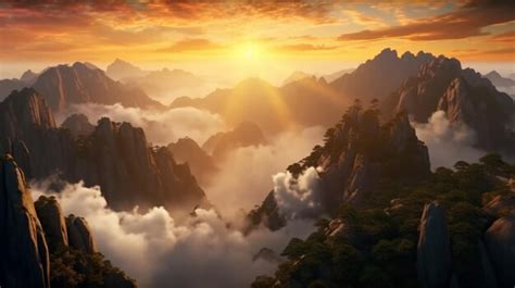 Premium AI Image | Breathtaking sunrise in the Huangshan mountains ...