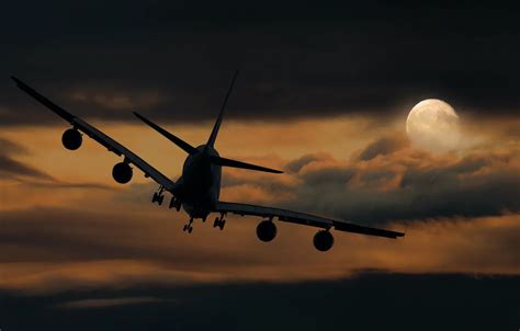 Wallpaper The sky, Clouds, Night, The plane, The moon, Liner, Flight, The full moon, Landing ...