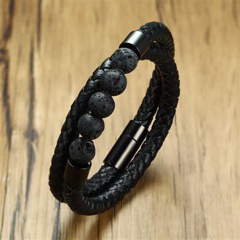 Male Volcano Lava Stone Beads and Double Wrap Braided Leather Bracelet ...