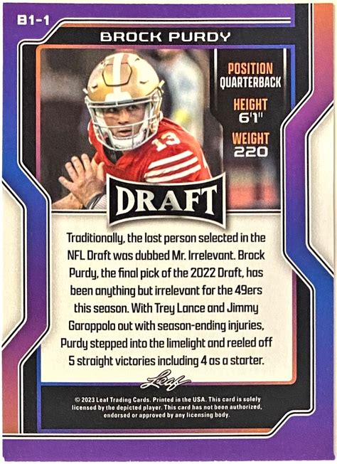 Brock Purdy 2023 Leaf Draft San Francisco 49ers Football Blue Card ...