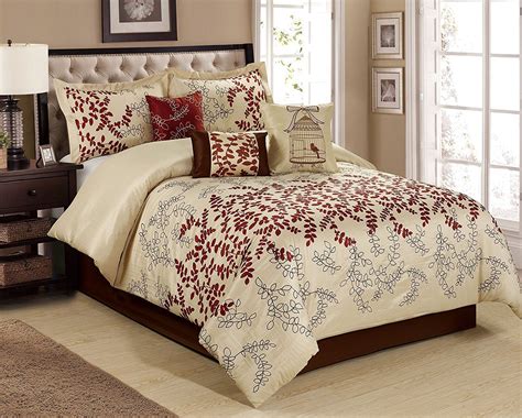 Burgundy Bedding Sets - 7 Piece Saratoga full of leaves embroidered and print Comforter Set ...