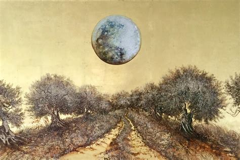 Moonlight Walking, Landscape Gold Leaf & Oil Painting with Trees and a ...