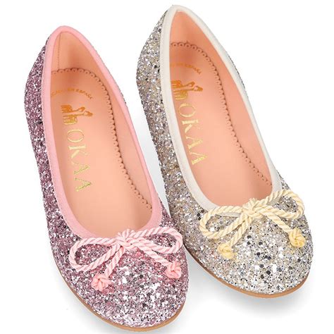 Classic GLITTER girl ballet flats with elastic contour and ribbon. R019 | OkaaSpain