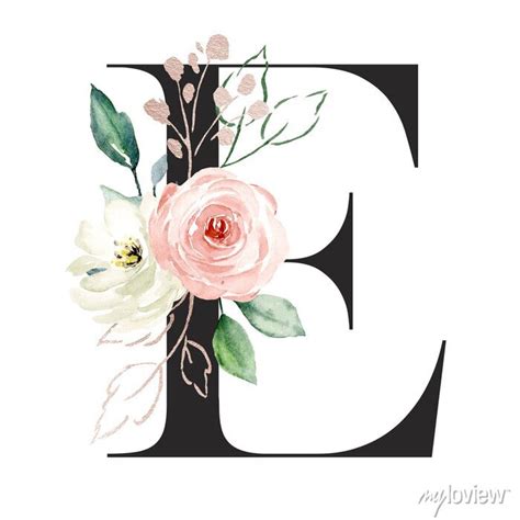 Letter e, alphabet with watercolor flowers roses and leaf. floral canvas prints for the wall ...