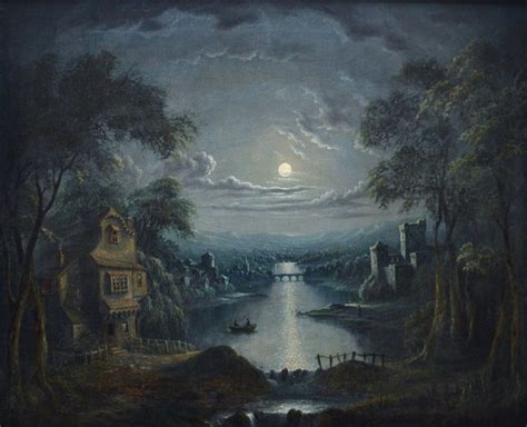 An extremely fine early 19th century oil painting on canvas depicting a moonlit river scene ...