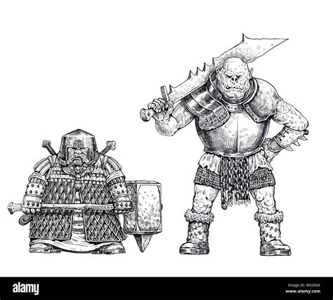 Orc and dwarf drawing. Fantasy illustration. Orc with ax Stock Photo ...