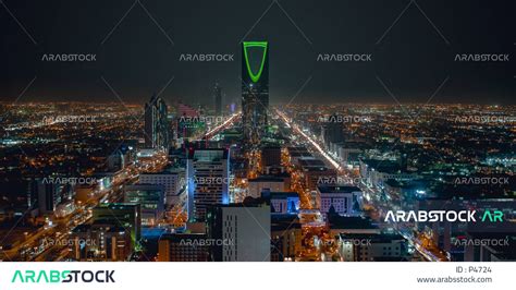 Night view of the towers and skyscrapers in the city of Riyadh, the ...