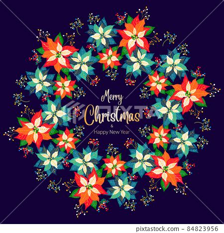 Christmas wreath with poinsettia red and blue... - Stock Illustration [84823956] - PIXTA